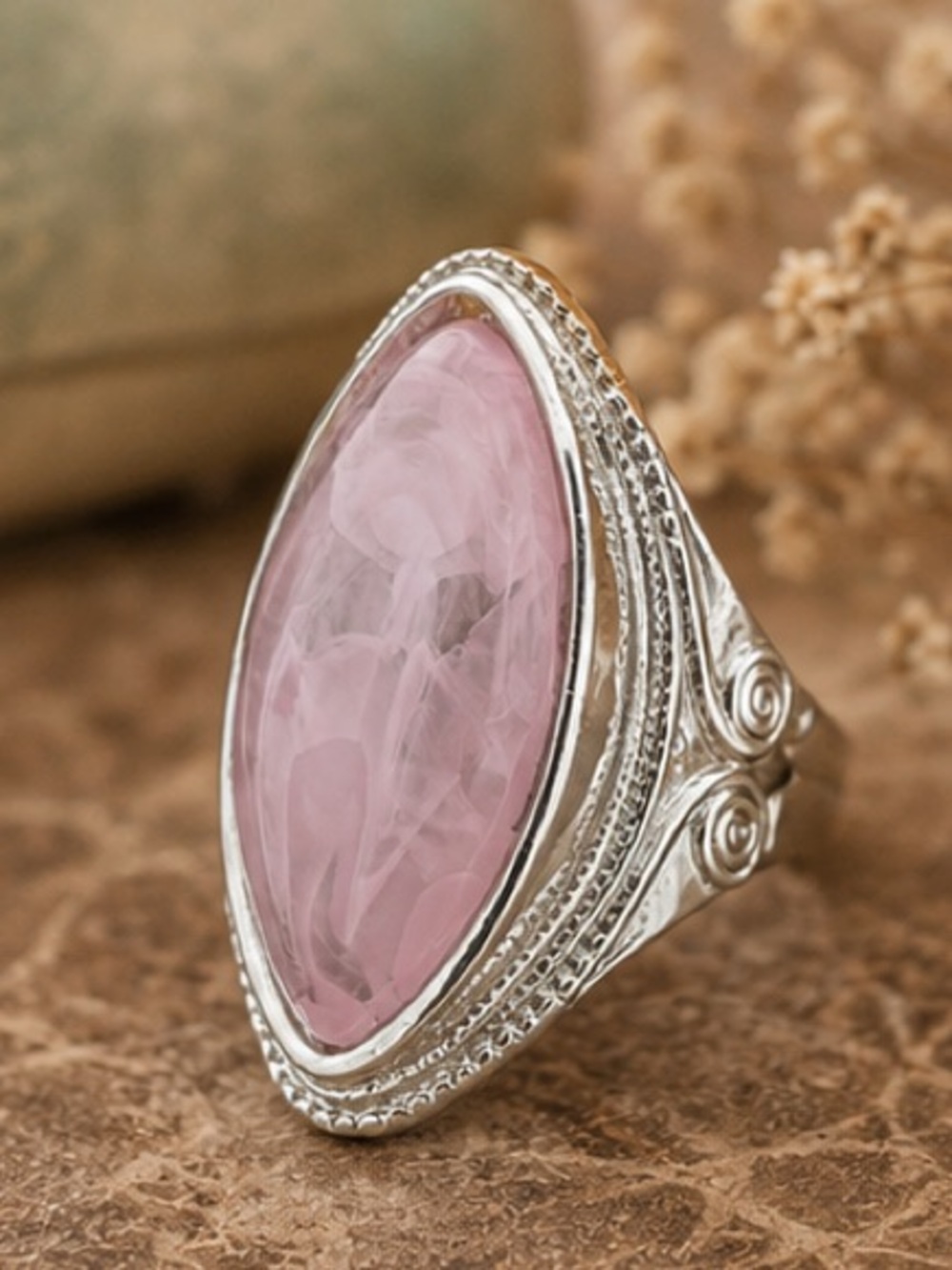 Pink Marquise Statement Ring | Silver Tone Cocktail Ring | Blush